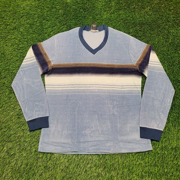 Vintage 70s LAX Velour Striped Pullover Sweater Large Slim-Fit Made IN USA - Picture 1 of 11